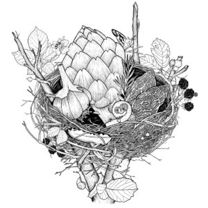 Nightflare Nest illustration of a nest with vegetables and bugs.